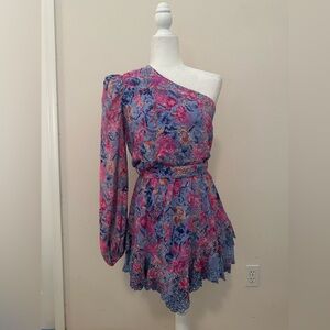 Hemant & Nandita One Shoulder Eyelet Mini Dress Sz M Lace Floral Fairy Wedding